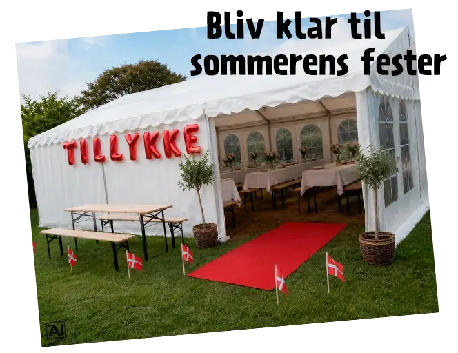 Festtelt med rød løber og borde og bænke
