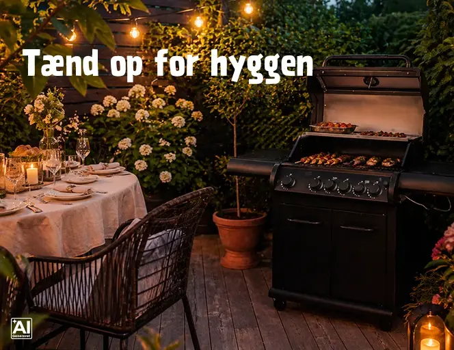 Hyggekrog i haven med gasgrill fuld af mad