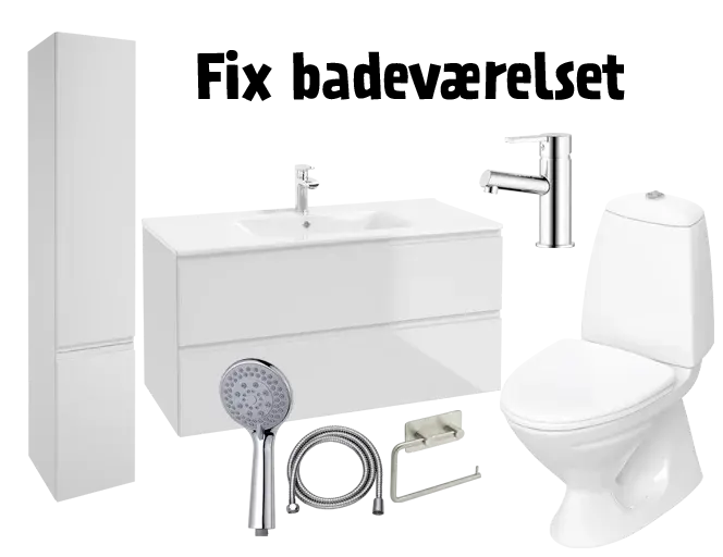 Fix badeværelset - badmøbler, toilet, vandhane, brusehoved, toiletpapirholder